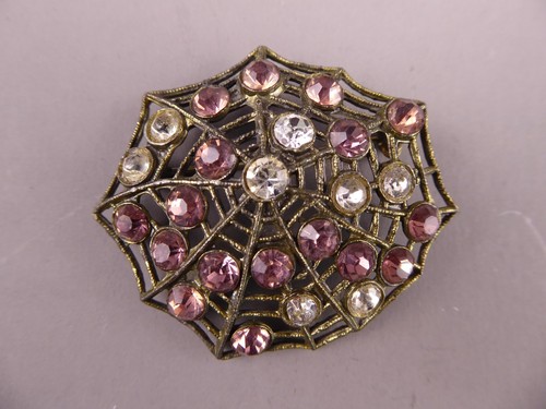 Vintage Pot Metal Spider Web Brooch with Rhinestones, Gothic!