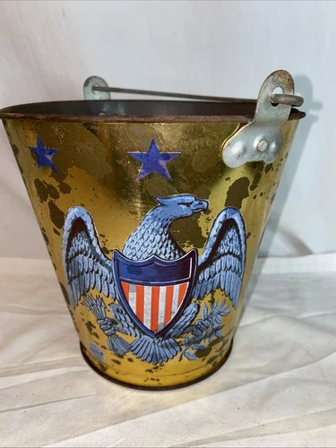 VTG Patriotic Ohio Art Sand Pail Eagle Prim Americana Stars Metal Toy Bucket 4th