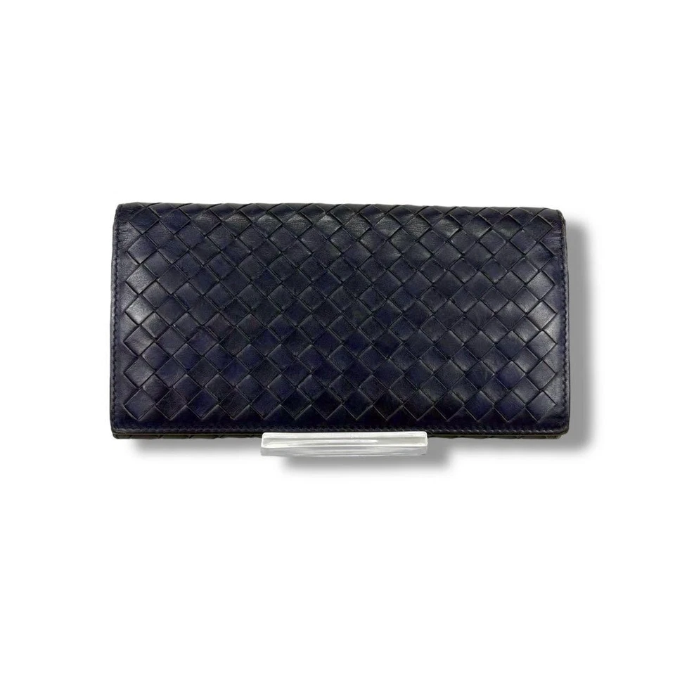 Cartera Larga Bottega Veneta Intrecciato Doble Pliegue Cuero Azul Marino Unisex Hecha en Italia Foto 2 de 4
