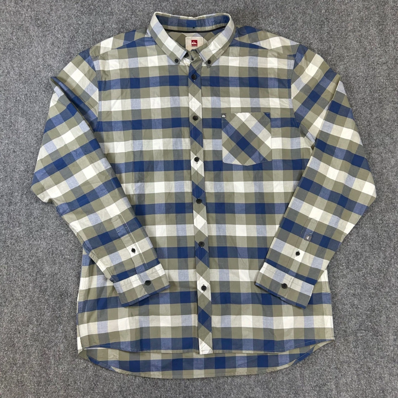 Quiksilver Mens Plaid Button Down Shirt Long Sleeve Blue Green White Large