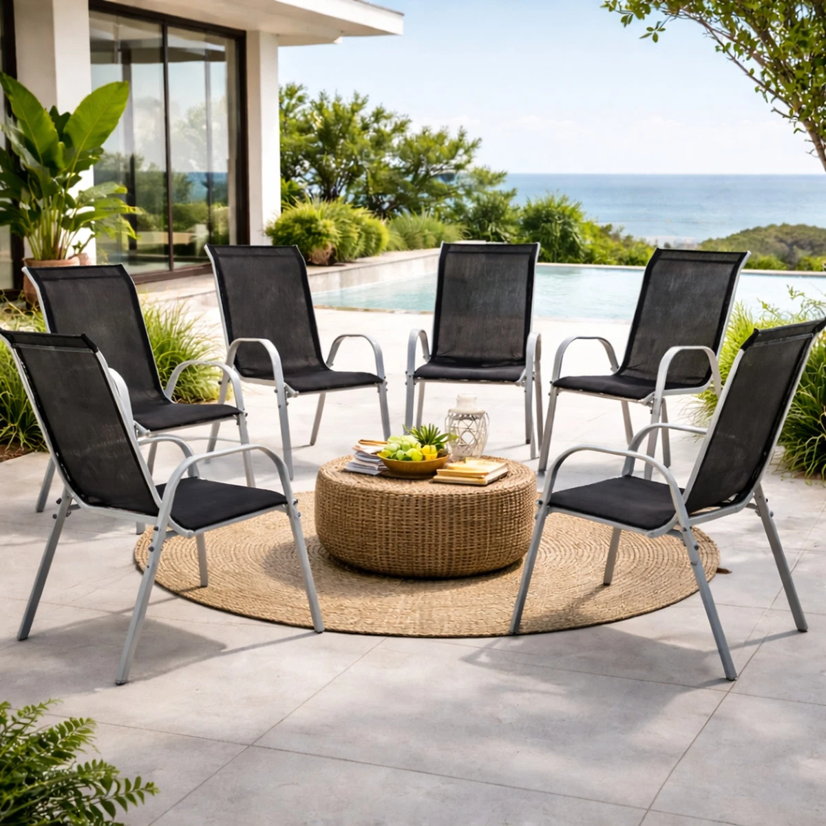 6 uds. Silla apilable silla apilable de metal - textiles color plata - negro