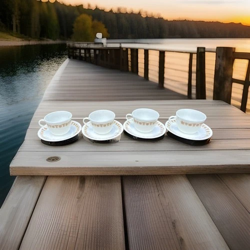 Set of 4 Vintage Corelle Corning Gold Butterfly Coffee Tea Cup And Saucer 