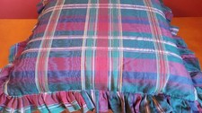 Large Decorative Throw Pillow, Dark Plaid, Ruffled Edge, 26" Square, Very Nice