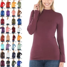 Women's Mock Neck Cotton Long Sleeve Top Soft Stretch Layering Fitted Shirt S-XL