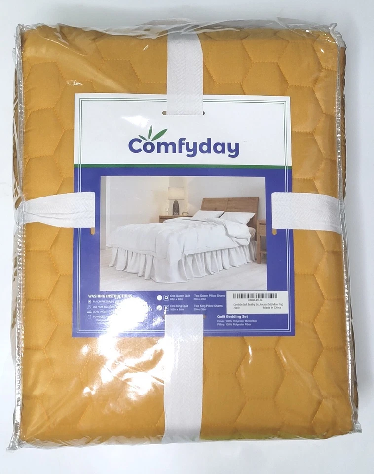 JUEGO DE CAMA KING ACOLCHADO AMARILLO MOSTAZA HEXAGONAL 1 EDREDÓN Y 2 FUNDAS 102” X 88” NUEVO Foto 2 de 4