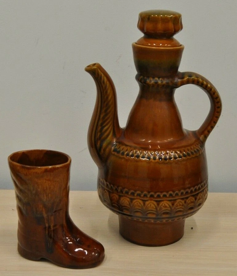 Vintage set large ceramic jug damask and glass boots. Clay glaze craquelure USSR