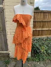ASOS SIZE 10 ORANGE DRESS 100% COTTON STRAPLESS RUFFLES FITTED GATHERED BOHO