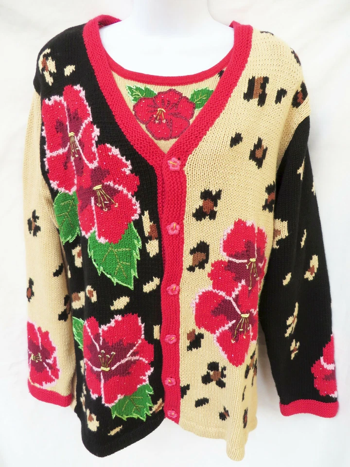 STORYBOOK KNITS Mujer Marrón Negro Rosa Hibisco Leopardo Suéter Camiseta sin Mangas Conjunto L