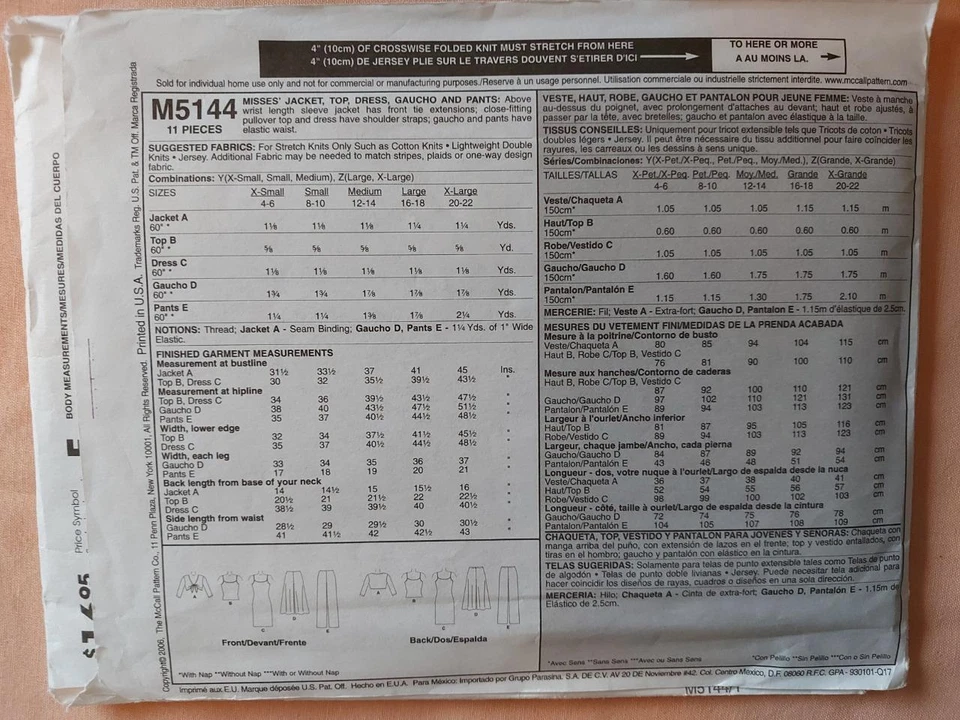 McCall's 5144 Misses' Jacket, Dress, Top, Gaucho & Pants Pattern Size 4-14 - Image 2 of 2