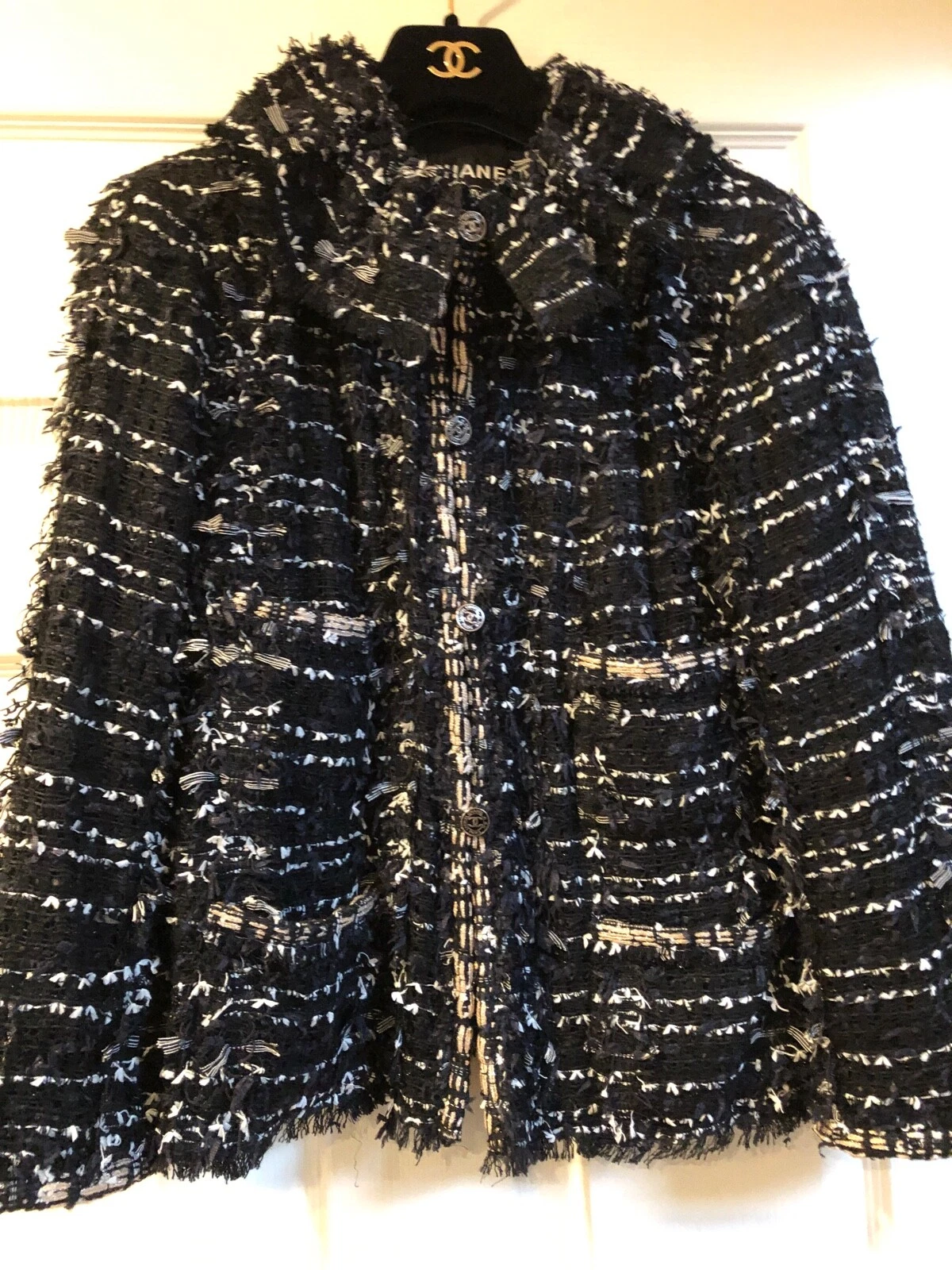 Chanel 06P VINTAGE GIACCA TWEED NERO BLU ORO FIOCCHI INTRECCIATI ORO CC FR42 40 $7K