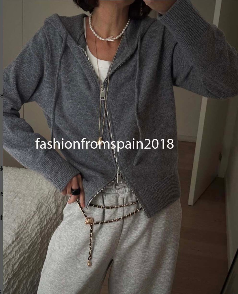 ZARA NEW WOMAN BASIC KNIT HOODED SWEATSHIRT ANTHRACITE GREY