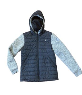 Hurley Grassik Puff Jacket Men's Small Hooded Built-In Face Mask Black Gray  EUC