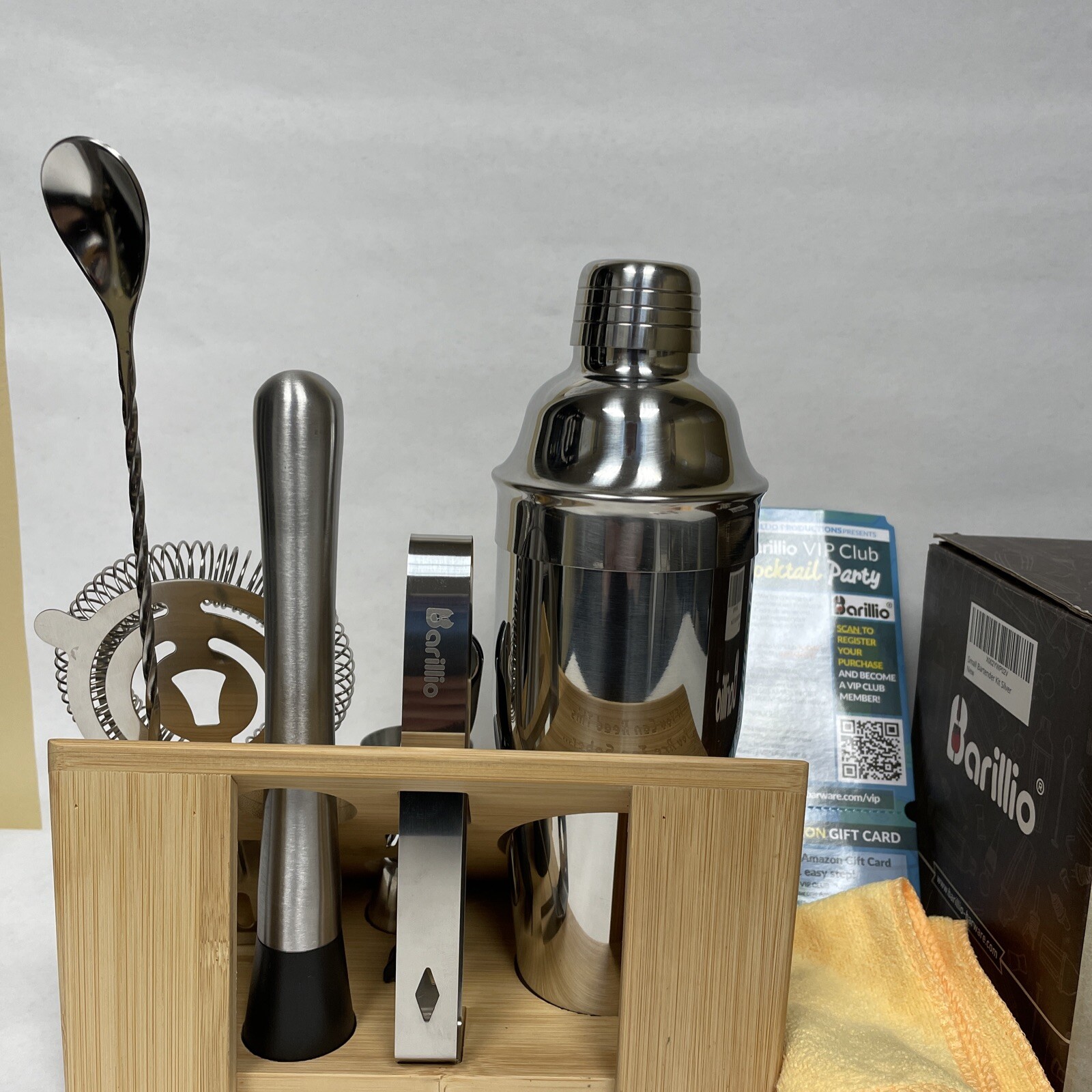 Barillio 10-Piece Mixology Bartender Kit w/ Bamboo Stand Silver Stainless Steel