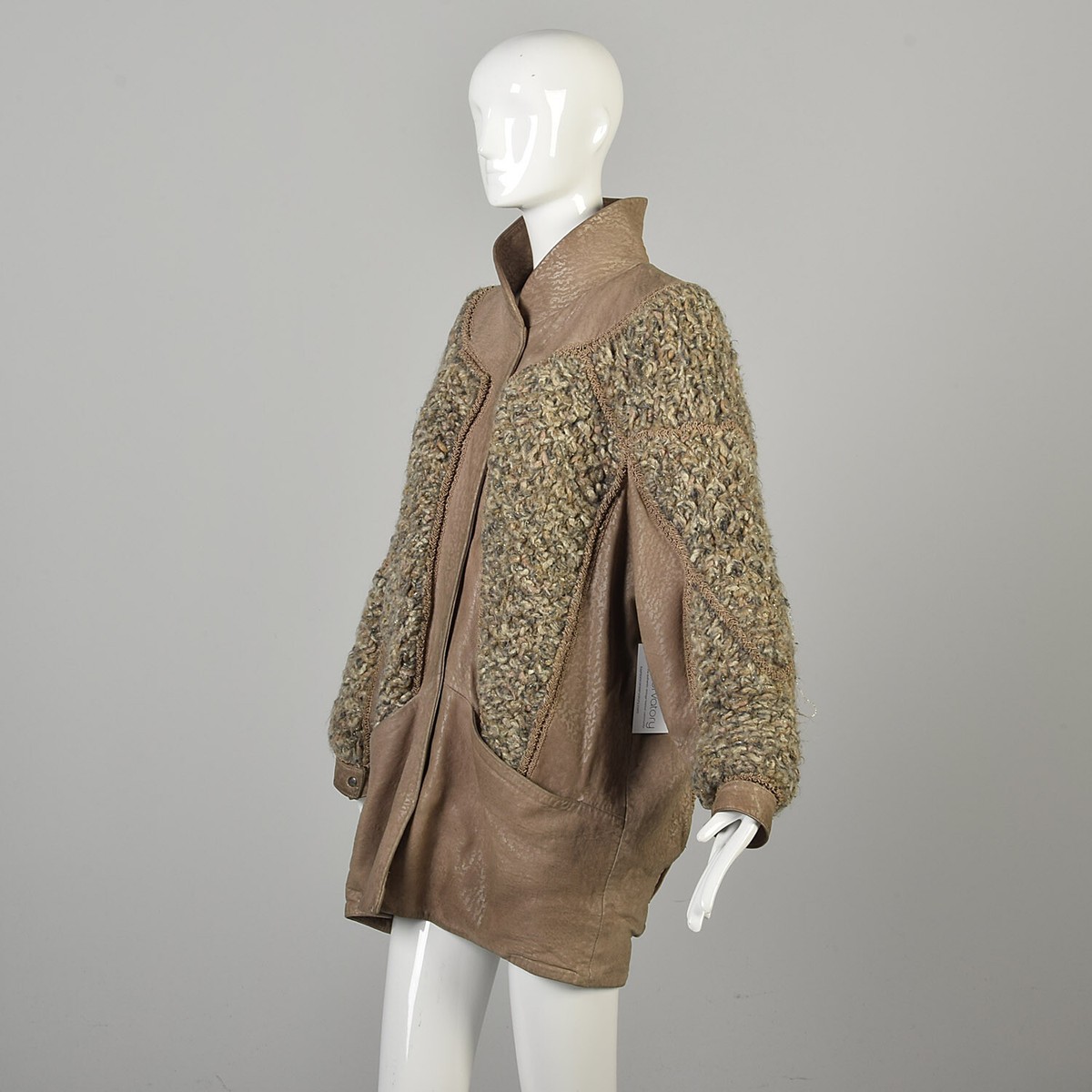 XL 1980s Oversized Brown Leather Chunky Knit Cocoon Coat