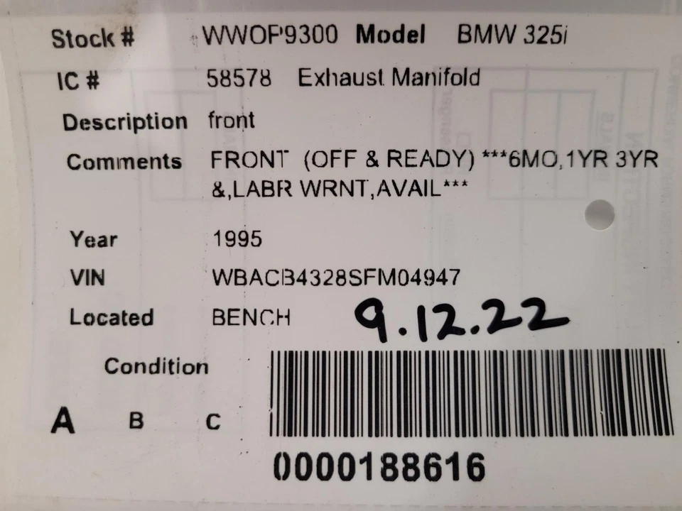 二手前排气歧管 适合:1995 年 Bmw 325i Cpe 前 A 级 — 第 3/4 张图片