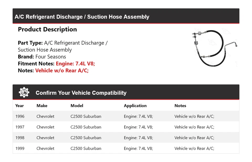 Conjunto de manguera de línea de descarga/succión para Chevrolet C2500 Suburban 1996-99 4 estaciones Foto 2 de 4