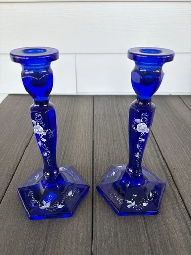 Pair Fenton Cobalt Blue Hand Painted Candlesticks White Flowers Artist Signed 9”