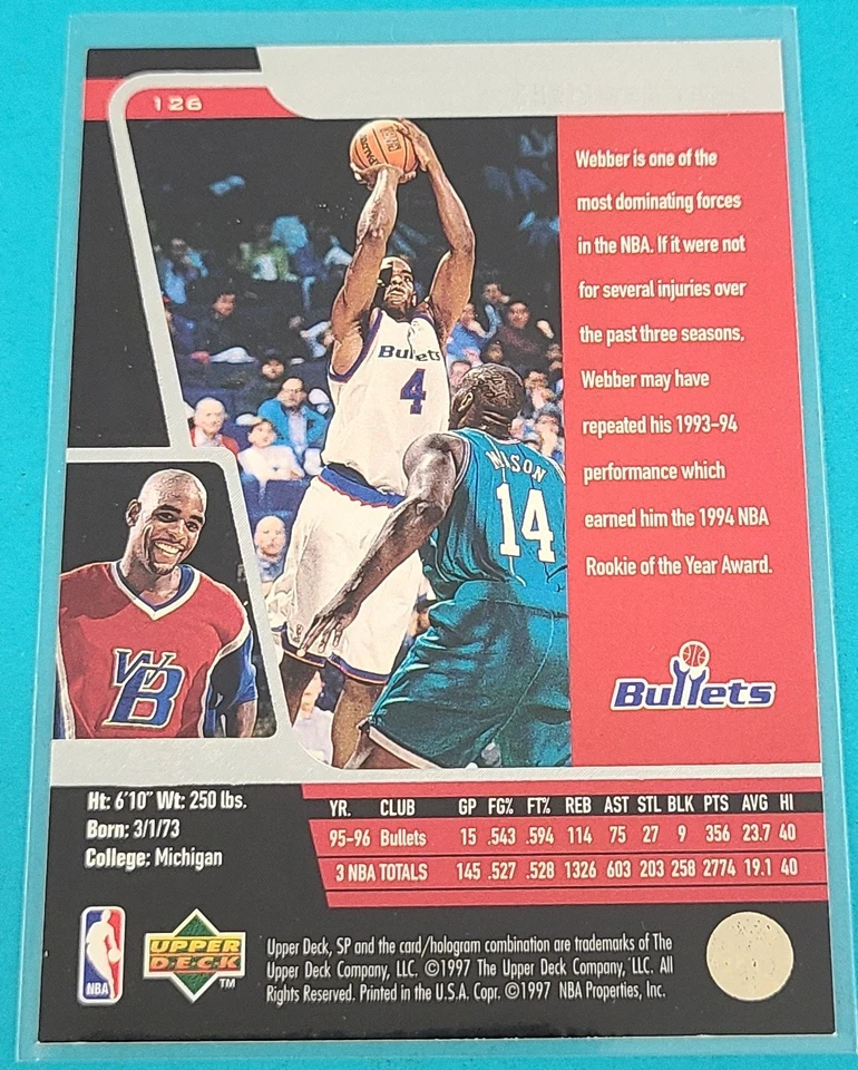 1996 UD SP   #126 Chris Webber  Washington Bullets Basketball Card H1 - Image 2 of 2