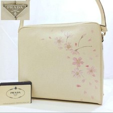Vintage Prada Leather Shoulder Handbag White Triangle Logo Cherry Blossom Print
