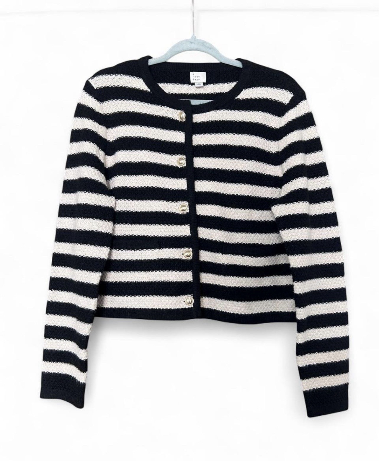 A New Day Black & White Striped Cardigan Sweater Medium Gold Button Knit