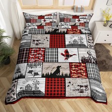 Duck Hunting Dog Duvet Cover Plaid Rustic Cabin Bedding Set Mallard Duck Comf...