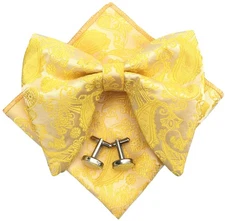 Mens Pre-Tied Paisley Bowtie Oversized Tuxedo Bow Tie Hankie Cufflinks Set Ye...