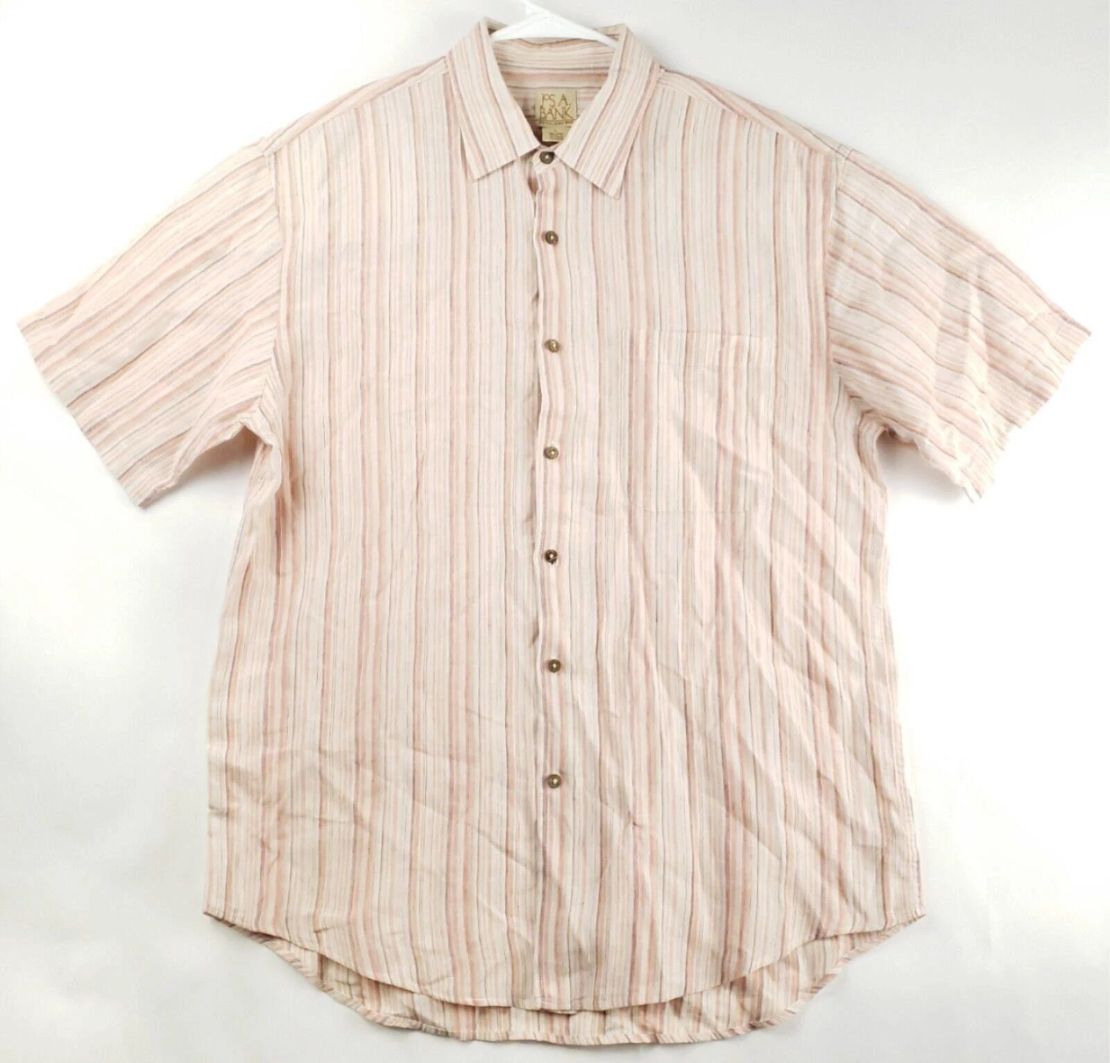 Jos A Bank Shirt Mens Large Beige Pink Striped 100% Linen Short Sleeve