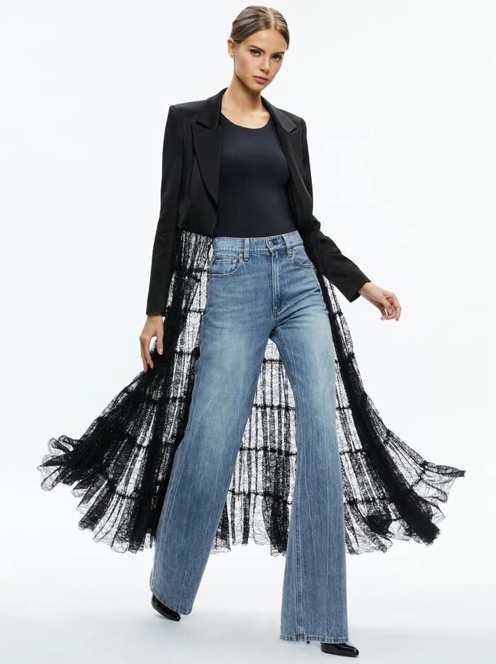 CHAQUETA BLAZER ALICE + OLIVIA EVERLY DRAMA TUL MAXI NEGRA TALLA S NUEVA