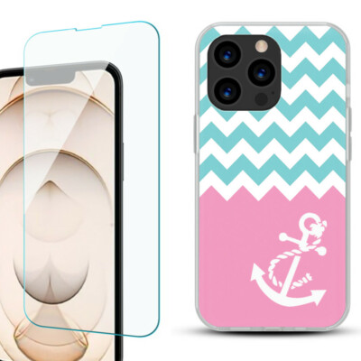 Slim Gel Case for iPhone 13 Pro, w/ Tempered Glass - Chevron/Anchor
