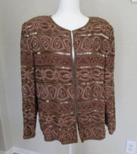 SCALA womens 2X vintage silk brown sequin beaded embroidered evening jacket WOW