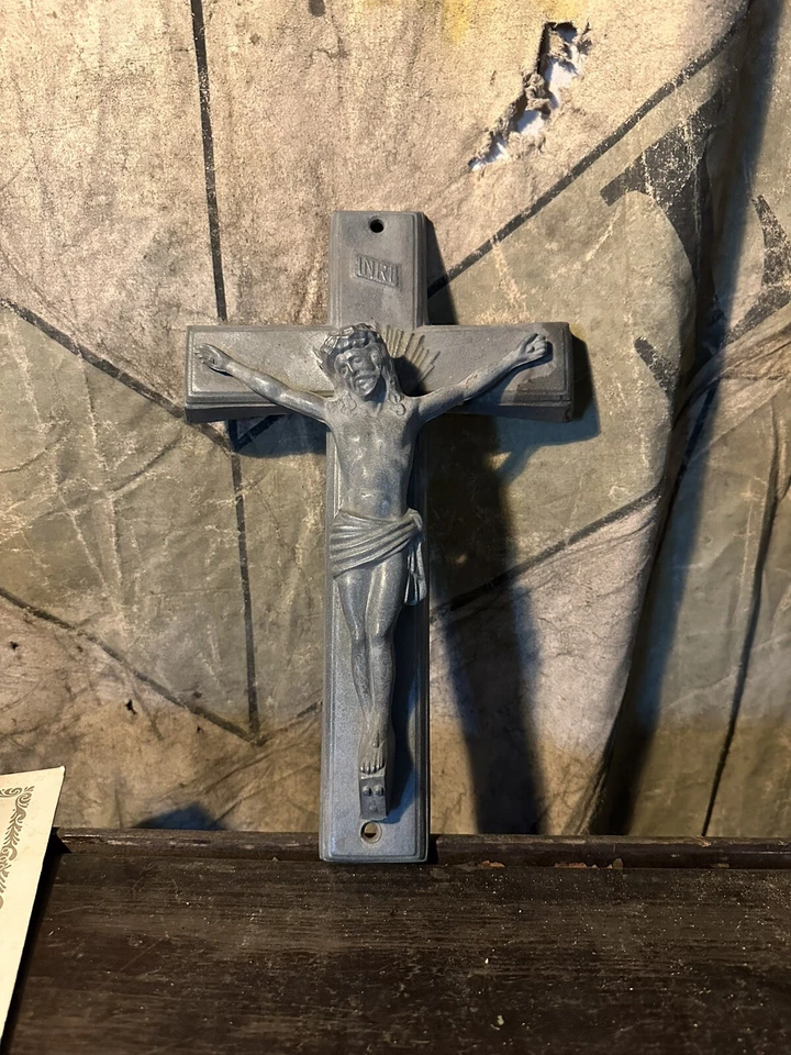 1940s Antique Cross Aluminum Christ Scared Heart Folk Art Country Home Porch - Image 2 of 4