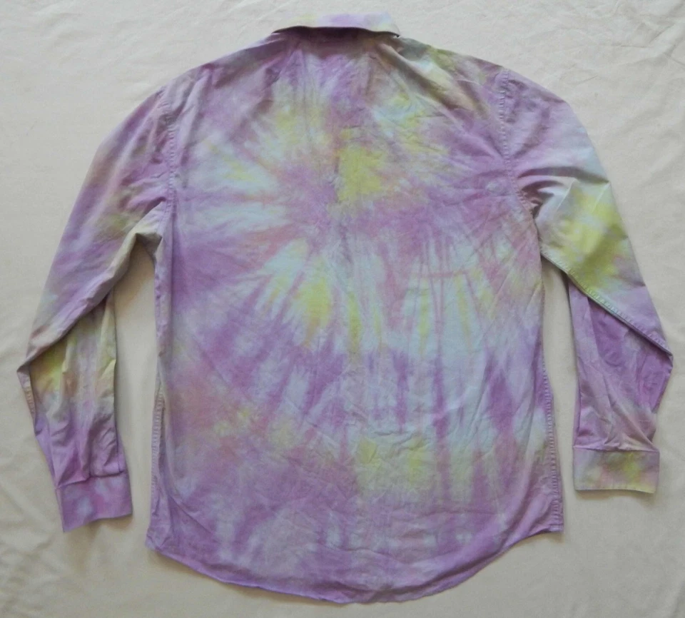 Tie Dye Purple Green Long Sleeve Button Up Shirt - Large Slim Fit Mens Hand Made - Image 2 of 4