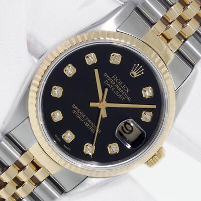 Rolex DateJust 16233 QS 36 Black Diamond Dial 18K Yellow Gold