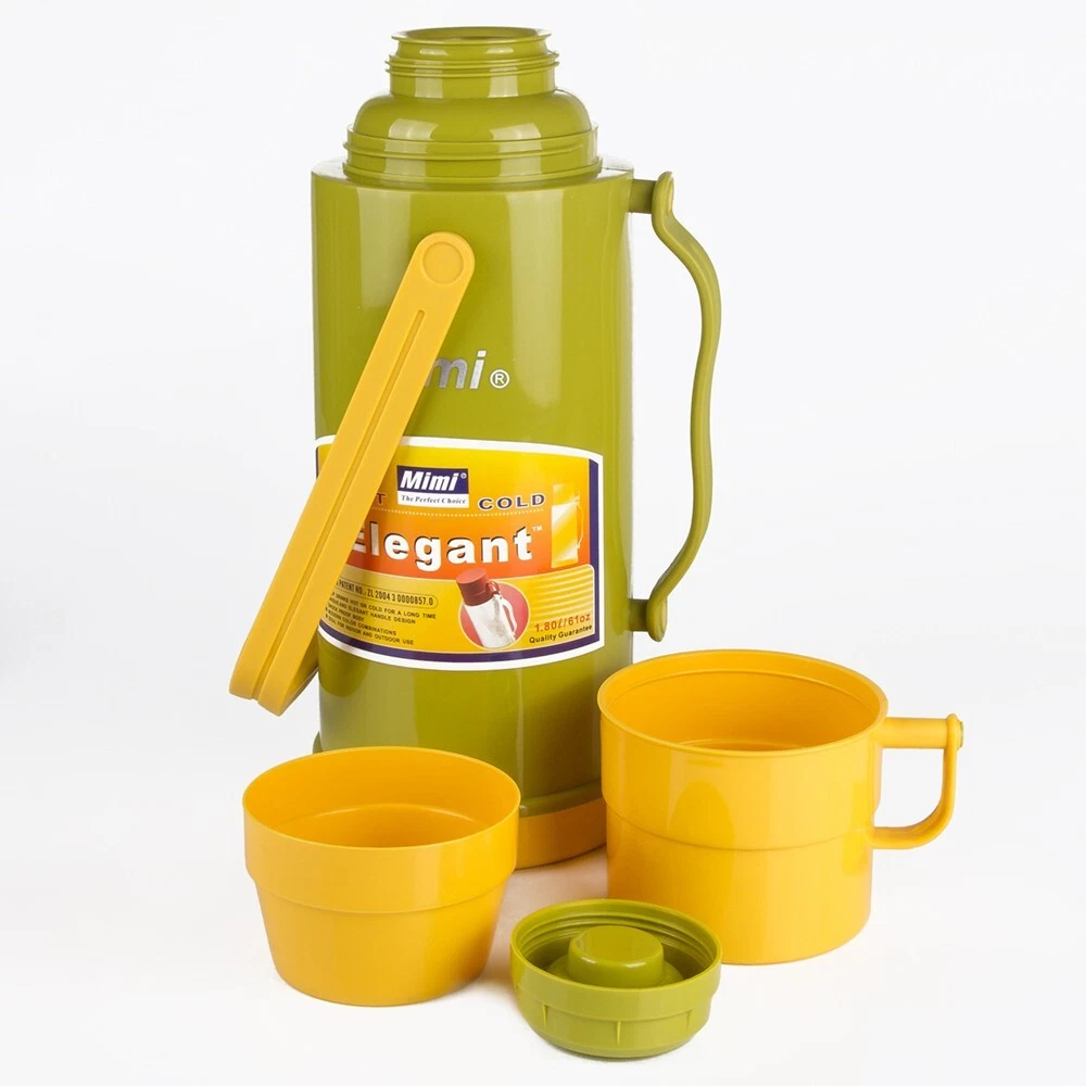 Thermos with glass interior outlet