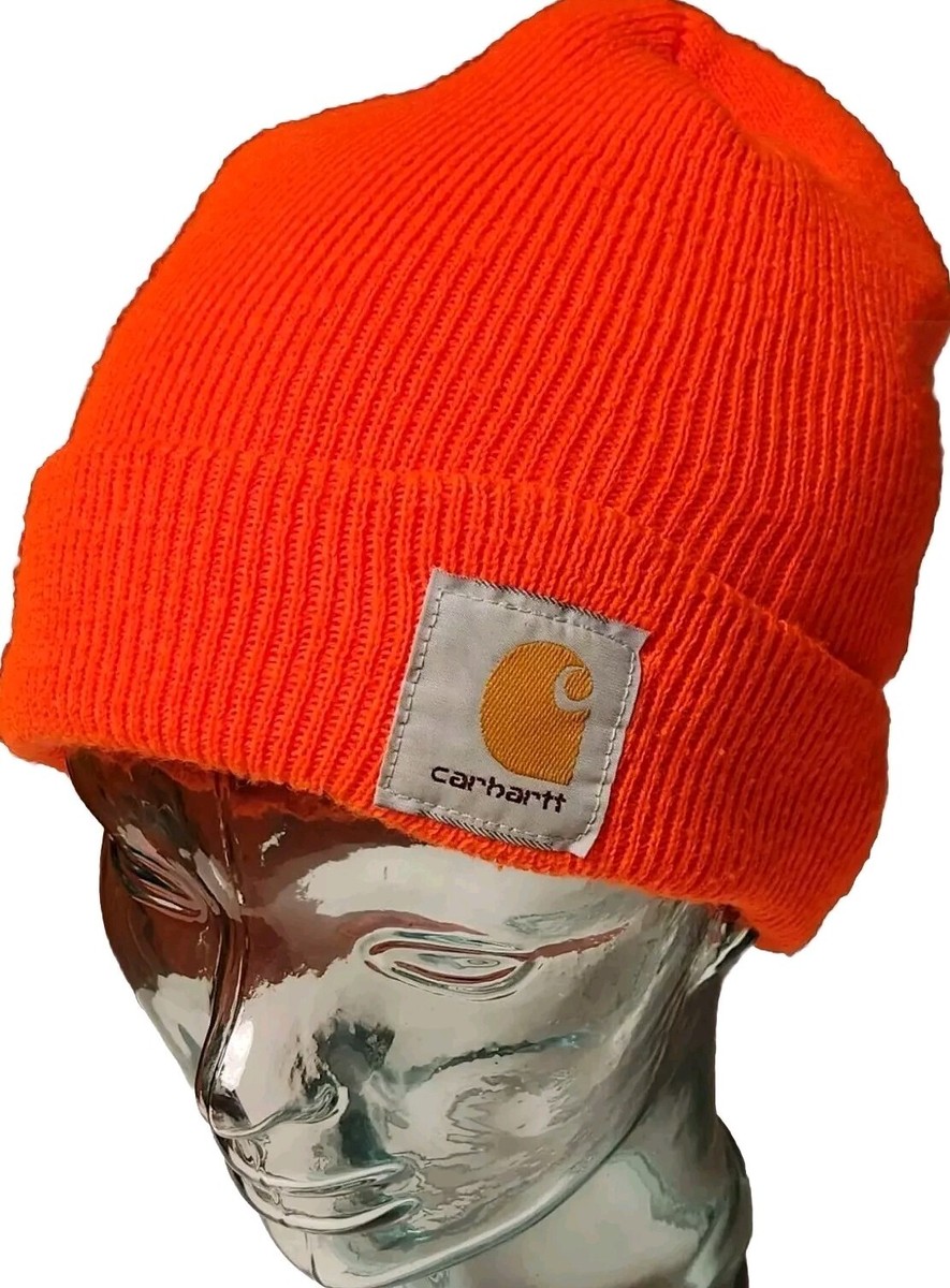 CARHARTT Beanie Hat One Size Orange Outdoor Workwear Logo Stretch