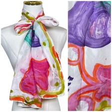 Vintage Hand Painted Silk Scarf Women Multicolor Floral Watercolor Artistic Boho