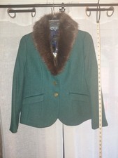 Talbots Aberdeen Blazer Women 2P Green Wool Blend Detachable Fur Collar