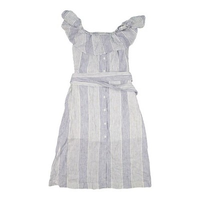 KOOKAI Dress Womens 10 Blue Striped Off Shoulder Button Front Belted Linen 10