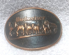 Budweiser Beer Clydesdales Pulling Wagon Train Oval Buckle USA Made Copper Tone