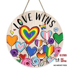 Pride Front Door Sign, Rainbow Hearts Flower LGBTQ Gay Lesbian Wood Love Wins