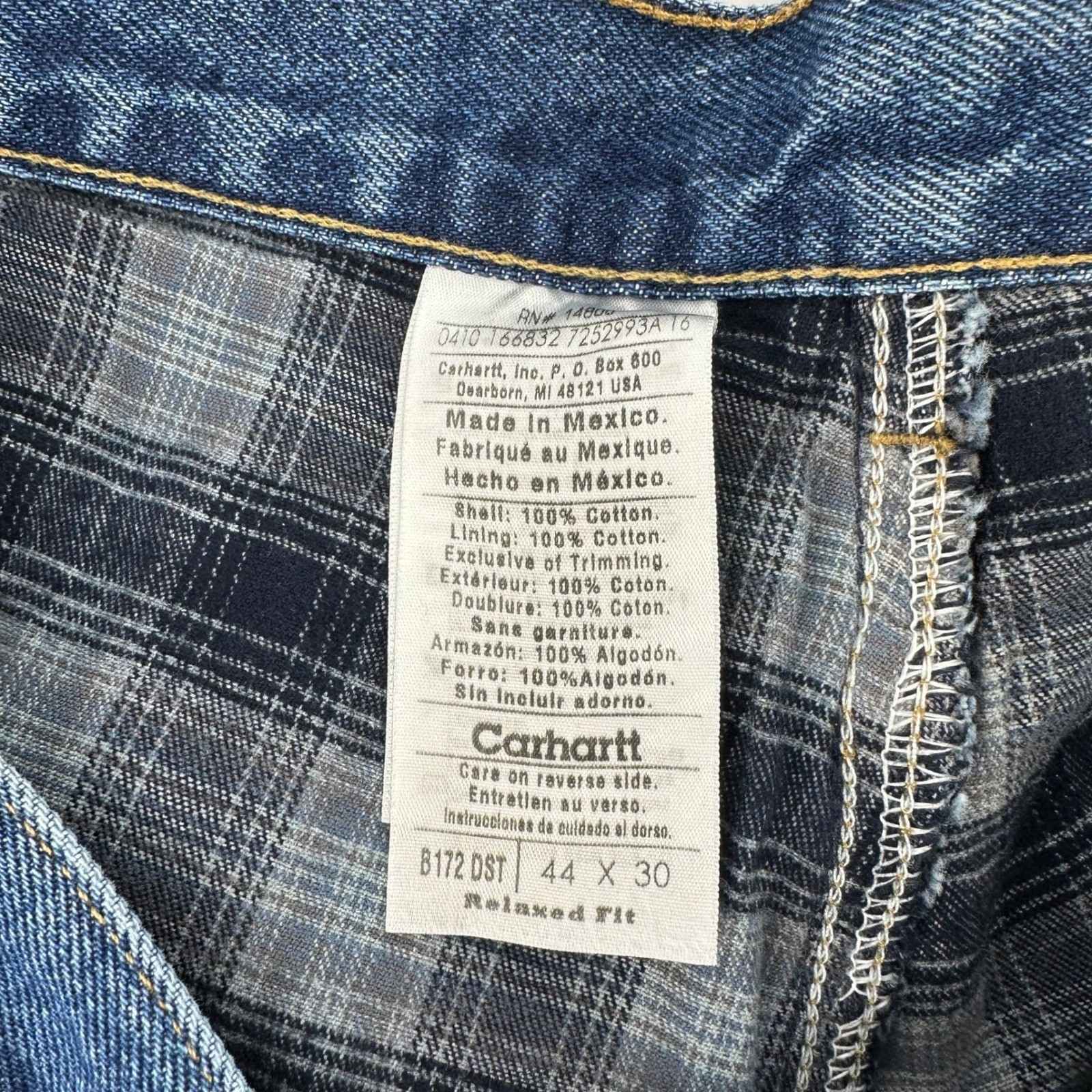 NWT Vntg Carhartt B172 DST Relaxed Fit Flannel Lined Jeans Mens 44x30 Blue Denim thumbnail 6