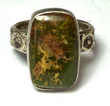Sterling Silver Green Rectangle Turquoise Ring Flower Band 20mm Size 7.5