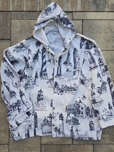 VTG 80s Michigan Rag Co Lighthouse Print Hooded Jacket Snap USA Size L ...