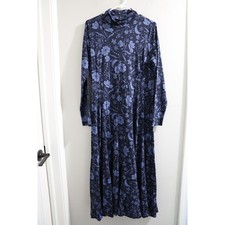 Loft Navy Blue Celestial Moon Star Floral Mock Neck Maxi Dress Long Sleeve L NEW