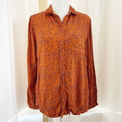 Beachlunchlounge Button Down Shirt Large Orange Cheetah Print Long Sleeve Blouse