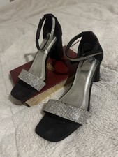 TOP MODA Black Silver Rhinestone Strappy Block Heel Ankle Strap Women's Sandals