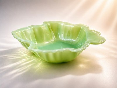 Jadeite Leaf Bowl Green Milk Glass Ruffled Edge Candy Dish 6.5  Fire King