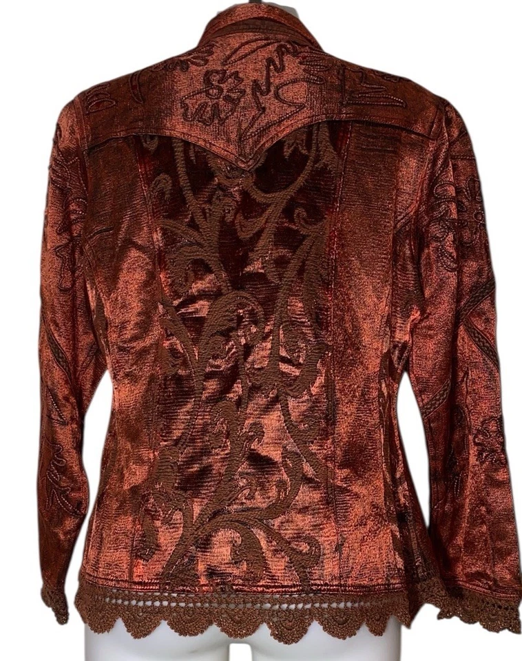 Vtg Flashback Sz S Womens Rust Floral Velvet Crochet Whimsigoth Blazer Jacket - Image 3 of 4