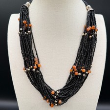 Black Seed Bead Multi Strand Necklace Orange Accents Boho Statement Gift Vintage