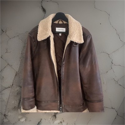 Calvin Klein Brown Leather Shearling-Lined Bomber Jacket Men's M
